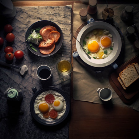 Healthy breakfast set on table. The concept of delicious and healthy food. generative ai.の素材