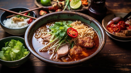 thai style noodle soup and red pork on table. generative ai.の素材