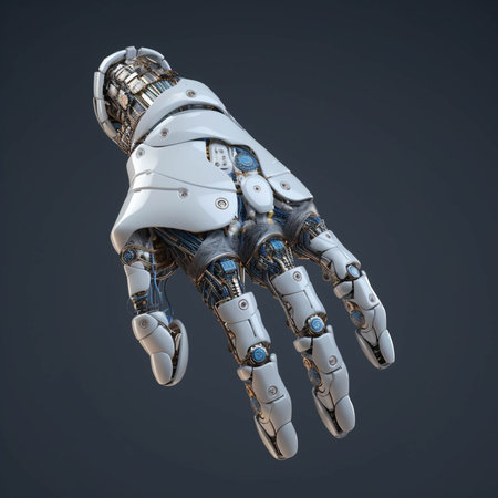 Futuristic design gesture concept. A robotic mechanical arm looks ike a human hand. Cybernetic organism. generative ai.の素材