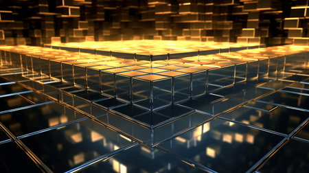 3d render. Abstract technological black cubes background with glow elements. Cubes pattern. generative ai.の素材