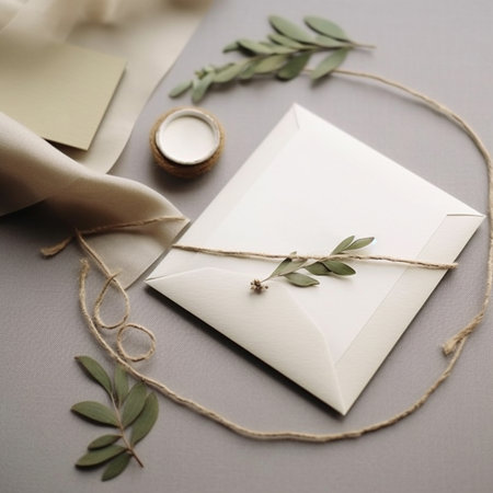 Mock ups of blank paper cards for wedding invitation,  Wedding templates flat lay, top view with copy space for text. Generaive ai.の素材