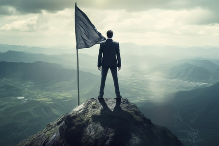 Businessman with flag standing on mountain top. Sky background. Leadership and victory concept. generative ai.の素材
