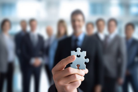 Businessman showing a jigsaw puzzle piece. Business and teamwork concept. generative ai.の素材