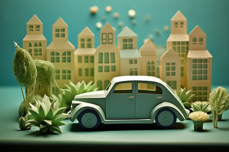 Eco city with eco car. Green city concept. Vector illustration of eco city. Generative ai.の素材