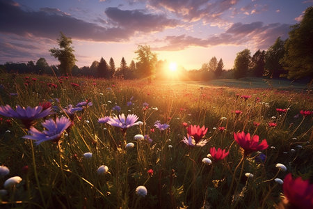 Summer sunrise with beautiful flowers field. generative ai.の素材
