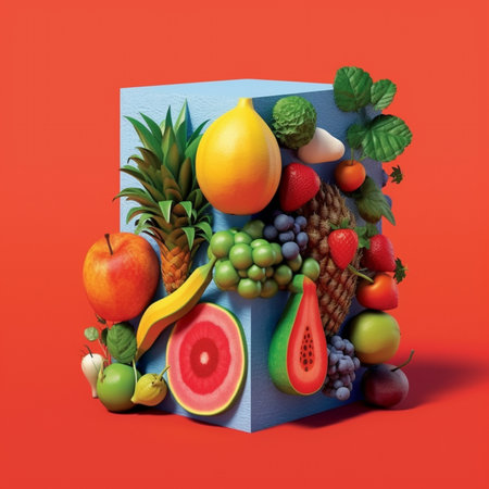 3D Fruits in vitamin C in box. Healthy eating. Top view. generative ai.の素材