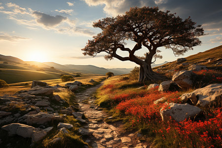 A big tree grows along the road beside the meadow. generative ai.の素材