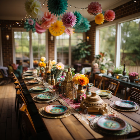 decoration with for for a party, birthday party, new year party, christmas or wedding reception party. generative ai.の素材