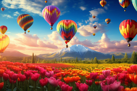 Hot air balloon flying over tulips flower fields in spring. generative ai.の素材