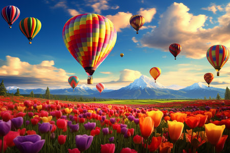 Hot air balloon flying over tulips flower fields in spring. generative ai.の素材