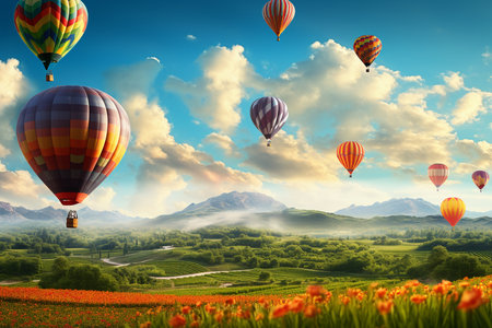 Hot air balloons fly in sunset sky against background. generative ai.の素材
