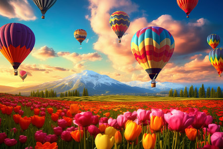 Hot air balloon flying over tulips flower fields in spring. generative ai.の素材