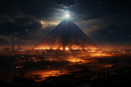 3d render of abstract art city landmark landscape with surreal Egypt futuristic cyberpunk style urban city with big pyramids. generative ai.の素材