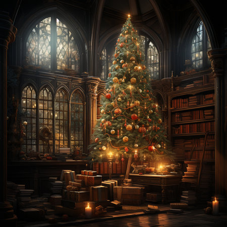 New Year's festive interior of a house. Festive Christmas interior with garlands and Christmas tree. generative ai.の素材