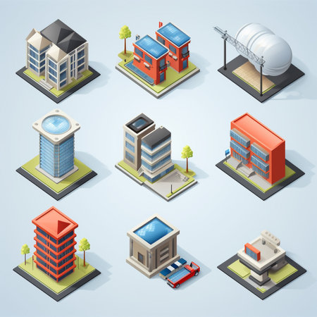 Vector isometric icon set or infographic elements representing different town buildings - houses, skyscrapers, offices, shops and stores, restaurant, cafe for map creation. generative aiの素材