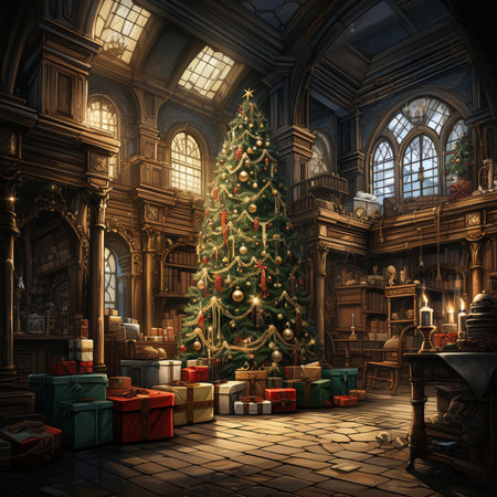 New Year's festive interior of a house. Festive Christmas interior with garlands and Christmas tree. generative ai.の素材