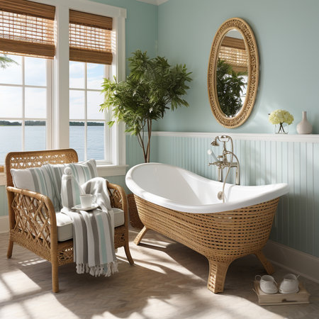 Modern bathroom interior with wooden decor in eco style. generative aiの素材