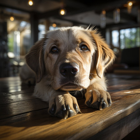 labrador on a  floor in the rays of sunlight. generative ai.の素材
