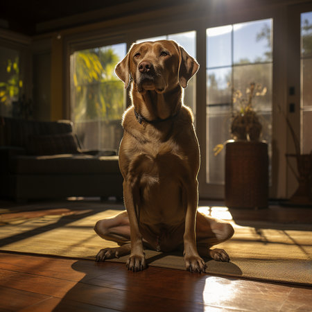 labrador on a  floor in the rays of sunlight. generative ai.の素材