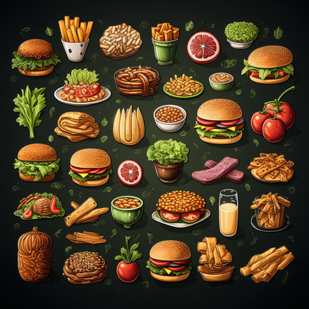 Fast food vector colored icon set. Fast food hamburger, cola, ice cream, pizza, donut, hot dog, noodles, french fries. Tasty unhealthy meal. Isolated on  background. generative ai.の素材