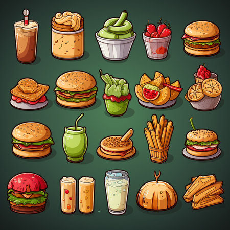 Fast food vector colored icon set. Fast food hamburger, cola, ice cream, pizza, donut, hot dog, noodles, french fries. Tasty unhealthy meal. Isolated on  background. generative ai.の素材