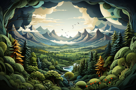 A paper cut landscape scene, such as a mountain range, a forest, and is made entirely out of paper. Trees, flowers, mountains, and bodies of water, with each detail. generative ai.の素材