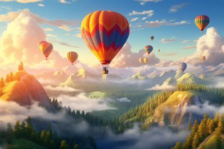 Colourful hot air balloons flying over the mountain. generative ai.の素材