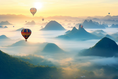 Colourful hot air balloons flying over the mountain. generative ai.の素材