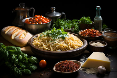 Pasta ingredients table lay. generative ai.の素材