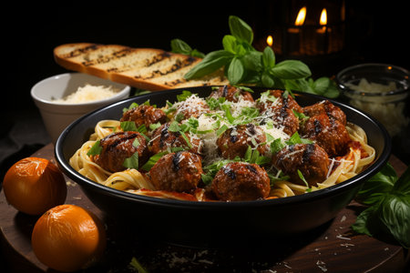 Spaghetti pasta with meatballs and tomato sauce, Italian Food recipe background. generative ai.の素材