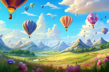 Hot air balloons fly in sunset sky against background. generative ai.の素材