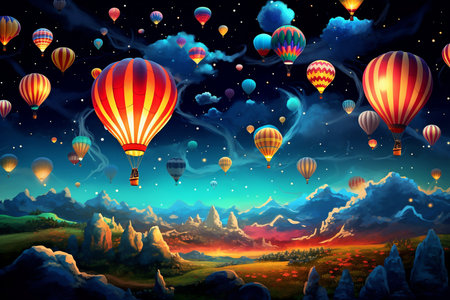 big hot air balloons flying on twilight sky. generative ai.の素材