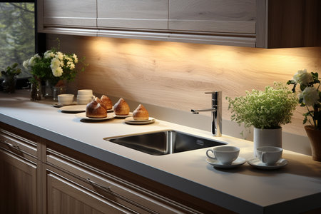 Water faucet in the modern kitchen. generative ai.の素材