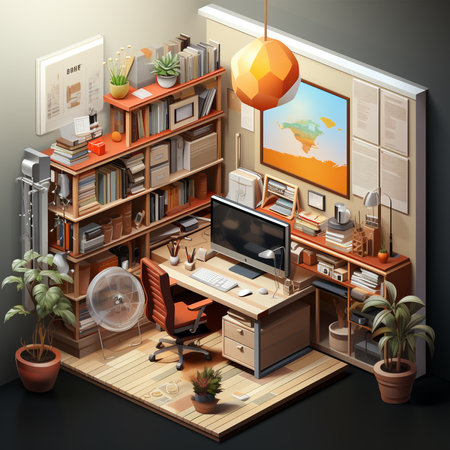 Contemporary home office interior with computer, desk and modern design decorations, isometric 3D illustration. generative ai.の素材