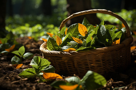 Basket with freshly herbal leaves plant. Spring herbs harvest. generative ai.の素材