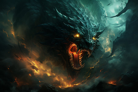 Fantasy dragon in the clouds. Ancient Fairy tale beast. generative ai.の素材