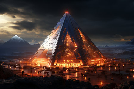 3d render of abstract art city landmark landscape with surreal Egypt futuristic cyberpunk style urban city with big pyramids. generative ai.の素材