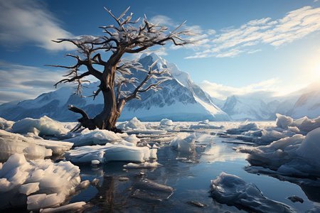 Bare tree with snow against bright clear blue sky. generative ai.の素材
