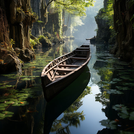 boat in streams and trees in asia. generative ai.の素材