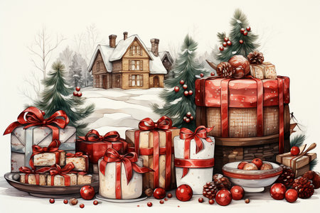 A professional digital art illustration hand painted style of Christmas clipart collection on white background. generative aiの素材