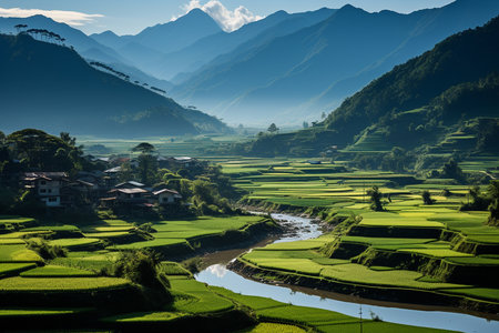 A panoramic view of the lush rice terraces, showcasing the harmony between nature and agriculture. generative aiの素材