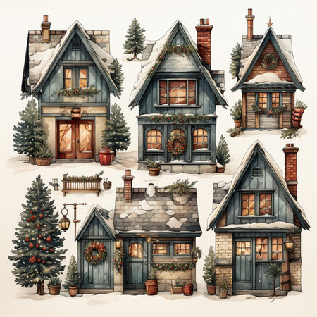 A professional digital art illustration hand painted style of Christmas clipart collection on white background. generative aiの素材