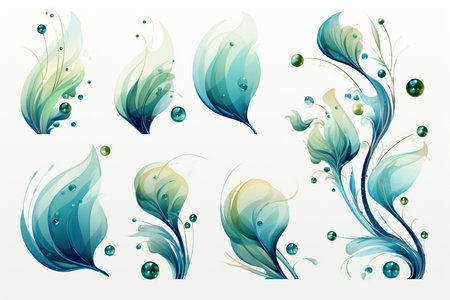 A set of abstract graphic elements in cool blue and green tones, reminiscent of water and nature. Can be used for environmental or wellness designs. generative aiの素材