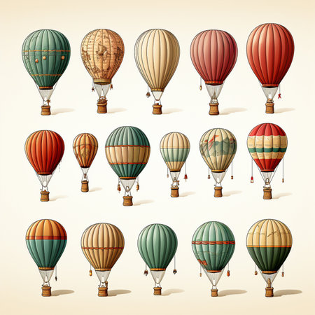 A professional digital art illustration hand painted style of hot air balloons clipart collection on white background. generative aiの素材