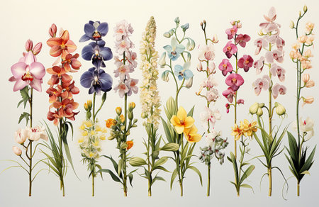 Different varieties of orchids on white background. generative aiの素材