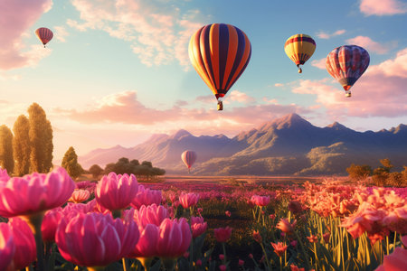 Flying on the balloon over the field of blooming flowers. generative aiの素材