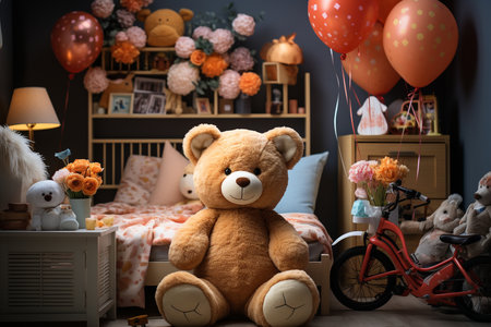 interior of kid room. Big soft toy bear on bed. generative aiの素材