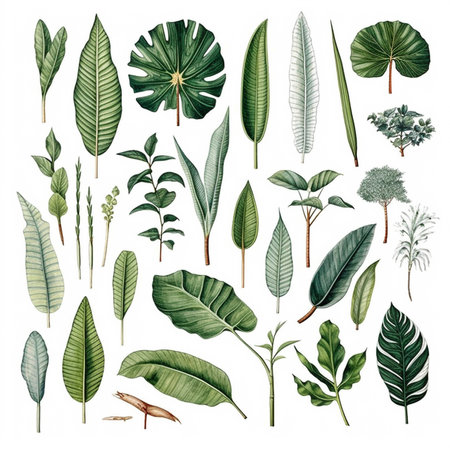 Different types of tropical leaves on   white background. generative aiの素材