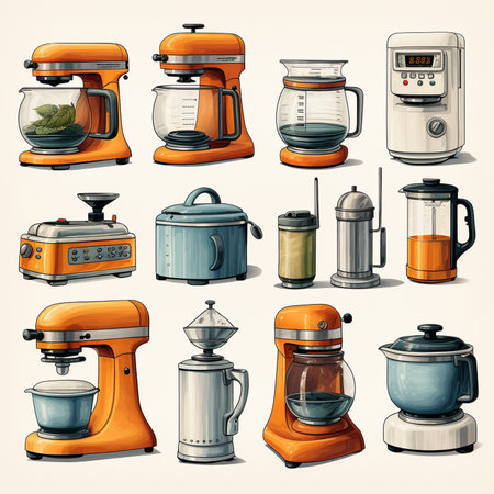 A professional digital art illustration hand painted style of kitchen appliance clipart collection on white background. generative aiの素材