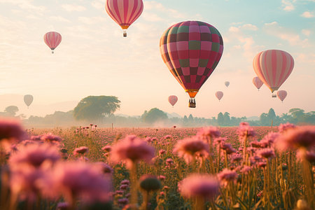 Flying on the balloon over the field of blooming flowers. generative aiの素材